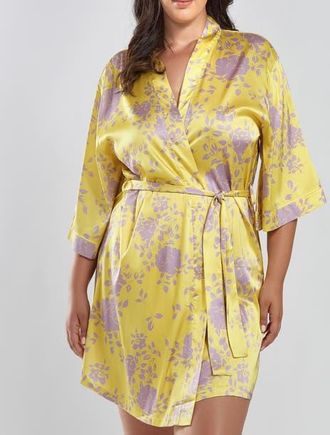 iCollection Floral Printed Satin Robe in Yellow-Purple at Nordstrom, Size 3X
