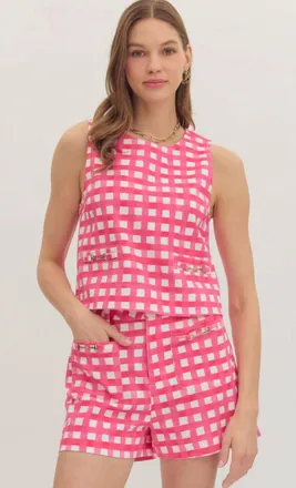 Entro Plaid Horse Bit Pocket Tank Top In Pink