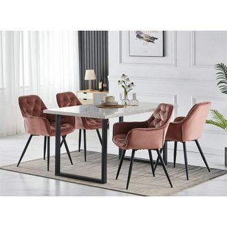 Ainpecca Ainpecca - 1.5M White Dining Table and Velvet Chairs 4 Set Padded Chairs Home Kitchen(1 TABLE+4 rose chairs)