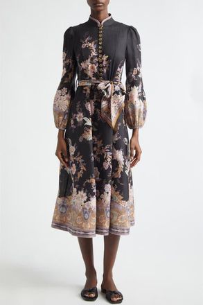 Zimmermann Luna Paisley Print Long Sleeve Linen Midi Dress in Midnight Paisley at Nordstrom, Size 0P