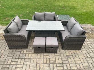 Fimous Rattan Garden Outdoor Furniture 3 PC Love Sofa Set Patio Adjustable Rising lifting Dining Table With Side Table 2 Small Footstools in Dark Grey