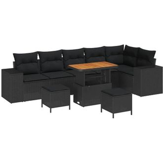 vidaXL Conjunto De Sof&aacute; De Jard&iacute;n 9 Pcs Negro Rat&aacute;n Sint&eacute;tico