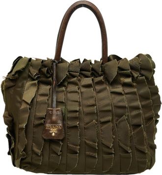 Prada Brown Khaki Nylon Leather Handbag Tote Bag (Pre-Owned)