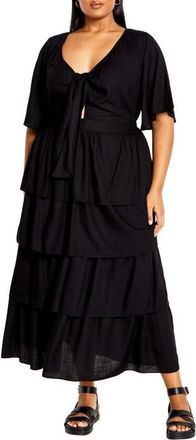 City Chic Maya Tie Front Tiered Midi Dress in Black at Nordstrom, Size Xxs