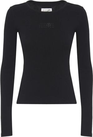 Maison Margiela Ribgebreide top met lange mouwen - Dames - Ronde hals truien - Zwart - L - Katoen - Truien & Vesten