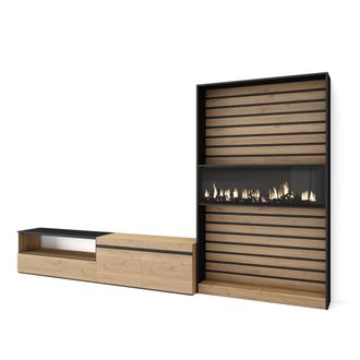 Skraut Home Skraut Home - Muebles De Sal&oacute;n Para Tv, Conjunto De Muebles Comedor, 310x186x35cm, Para Tv Hasta 80, Chimenea El&eacute;ctrica, Estilo Moderno, Roble Y Negro