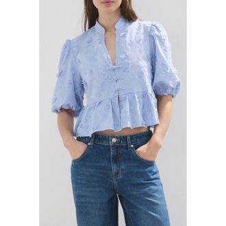 Mango Floral Puff Sleeve Peplum Top in Sky Blue at Nordstrom, Size 4
