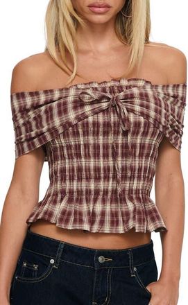 Princess Polly Avalynn Check Smocked Off the Shoulder Top in Brown Check at Nordstrom, Size 10