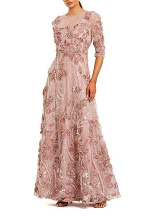 Mac Duggal Petite High Neck Embellished Lace Gown with 3/4 Sleeves in Mocha at Nordstrom, Size 4P