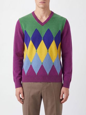 Ballantyne Argyle Pattern Pure Cashmere V-Neck Jumper