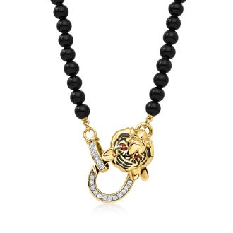 Ross-Simons 4mm Black Agate Bead and. Lab-Grown Diamond Tiger Necklace With Garnets and Black Enamel in 18kt Gold Over Sterling