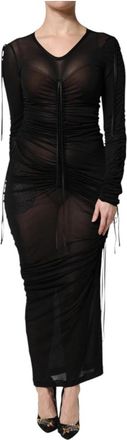 Dolce & Gabbana Zwarte Mesh Trim Bodycon Sheath Jurk - Dames - Maxi kleedjes - Zwart - M - Tule - Kleedjes