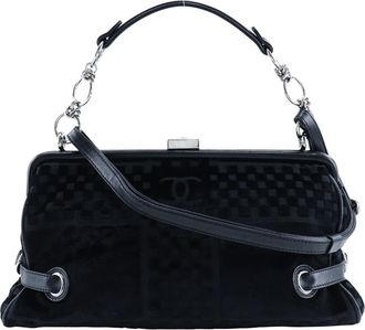 Chanel Vintage Cc Side Belted Bowler Check Embossed Velvet Black Velvet Handbag (Pre-Owned)