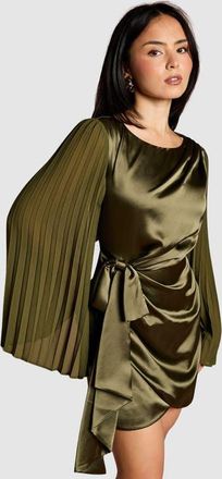 Coast Petite Satin Pleated Flare Mini Dress in Olive at Nordstrom, Size 4P