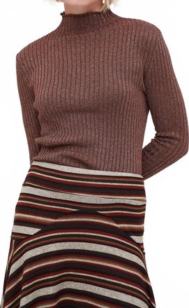 Wild Pony Lurex Ribbed Mock Neck Top In Brown