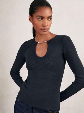 Reiss Navy Chain-detail Keyhole Knit Top, XS