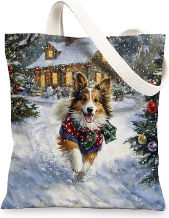 Generic Christmas Rough Collie Dog Canvas Tote Bag for Shopping 13x15, Winter Snow Xmas Puppy Reusable Grocery Print Bag for Women, Holiday Pet Beach Aestheti