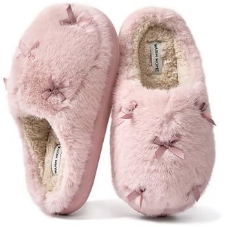 Adax Fluffy Slippers for Women, Cuddly Plush Slippers with Memory Foam, Warm Faux Fur Lining and Bow Accent Slippers with Non-Slip Outsole for Indoor and O