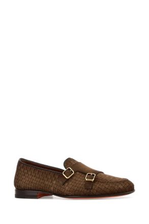 Santoni Mens Brown Suede Scacco Loafers Darkbeige Mocassini