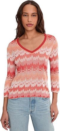 Liverpool L.A. 3/4 Sleeve V-Neck Sweater Womens Clothing Orange/Tan Chevron : MD, Viscose