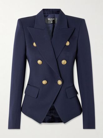 Balmain Blazer Doppiopetto In Lana Grain De Poudre - Blu