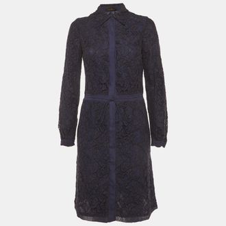 Carolina Herrera Navy Blue Guipure Lace Shirt Dress