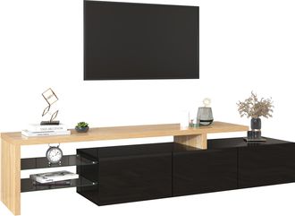STILVORA Mueble Tv Con 3 Armarios Y Led 7 Colores, Negro Brillo, En Mdf Y Vidrio, 197,5&times;39&times;42 Cm, Natural