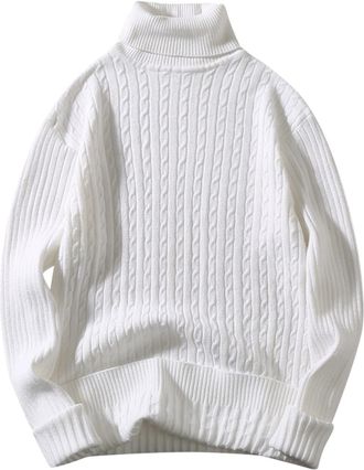 Generic Mens Turtleneck Knitted Jumper Cable Knit Jumpers Thick Knitwear Long Sleeve Roll Neck Knit Sweater Pullovers Fisherman Jumper Autumn Winter Warm Soli