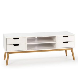 HOMN Mueble tv 1 puerta y 2 cajones blanco, madera maciza, 140 cm