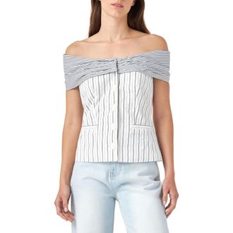 English Factory Stripe Off the Shoulder Blouse in White/Navy at Nordstrom Rack, Size X-Small