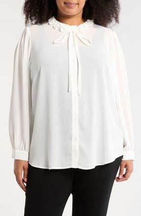 Adrianna Papell Flower Tie Neck Button-Up Shirt in Ivory at Nordstrom Rack, Size 1X