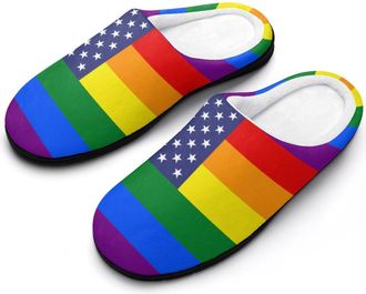 Generic Gay Proud Flag Of USA Mens Slippers Memory Foam Winter Warm Sandals Slip On House Shoes Size 7-14