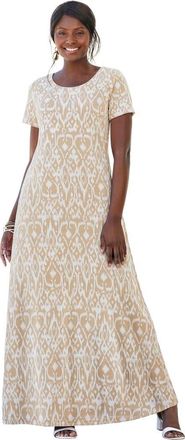 Jessica London Stretch Cotton T-Shirt Maxi Dress in Khaki Brushed Tribal at Nordstrom, Size 14P
