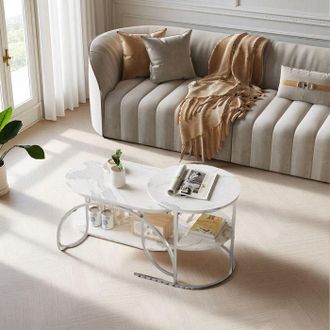 OEM Mesa Baja De Sal&oacute;n, Con Patas Plateadas Y Superficie Blanca, Mesa Baja De M&aacute;rmol, Mesa Baja Moderna, Lote De 2