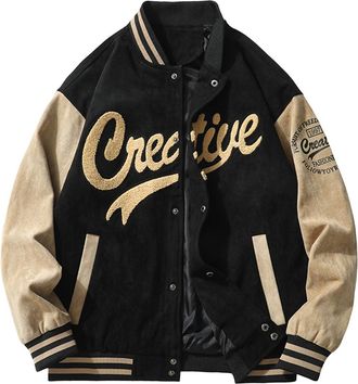 Generic Men Varsity Jacket Color Block Letter Print College Baseball Jackets Vintage Outwear with Pockets Unisex Coat Patchwork Top Fall Bomber Biker Jacket O