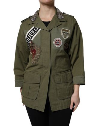 Dolce & Gabbana Womens Military Green Queen Embellished Coat Jacket Cotton Clothing