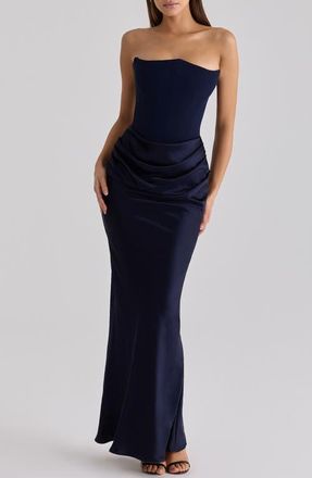 House of CB Persephone Strapless Corset Satin & Stretch Crepe Mermaid Gown in Navy at Nordstrom, Size X-Small A