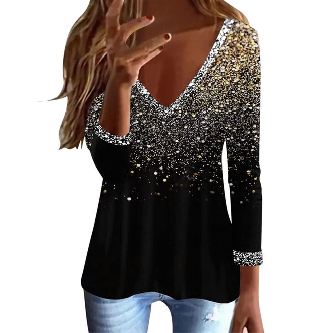 Damen Tunika Mit Glitzer-Print, Langärmlig & Locker – Perfekt Für Party, Fasching & Lässige Sommeroutfits | Schwarz
