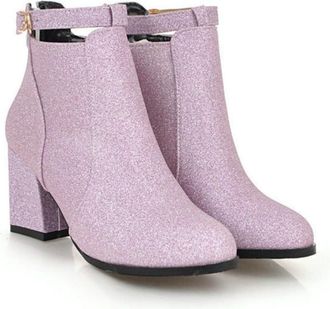 Generic Womens Square Toe Glitter Ankle Boots Sparkly Evening Party Heels with Side Zipper,Purple,5.5 UK