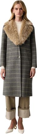 Twinset Abrigo de lana a cuadros con cuello de pelo sint&eacute;tico extra&iacute;ble - Coats - Mujer - Gris - M