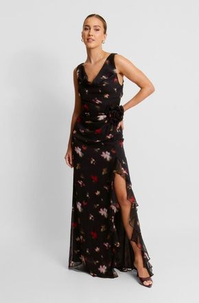 Six Stories Floral Cowl Front Coursage Maxi Dress in Black at Nordstrom, Size 6
