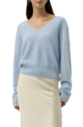 LilySilk Brushed V-Neck Cashmere Sweater in Illusion Blue at Nordstrom, Size X-Large
