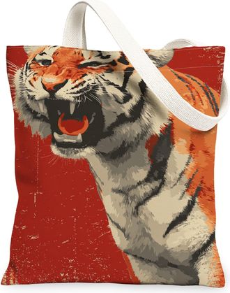 Generic Tiger Print Canvas Tote Bag, Wildlife Animal Design Reusable Grocery Bags, Lightweight Washable Shoulder Strap Canvas Bags, Red, 13x15 Inch