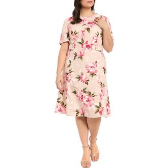 London Times Floral Tab Waist Midi Dress in Sand/Rose at Nordstrom Rack, Size 14W