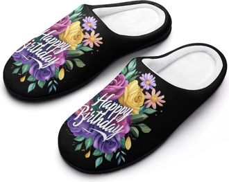 Generic Colorful Floral Happy Birthday Womens Slippers Warm House Slippers Indoor House Shoes with Anti-Skid Rubber Sole