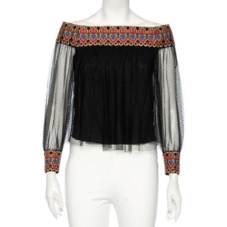 Alice & Olivia Alice + Olivia Black Embroidered Tulle Off-Shoulder Blouse XS