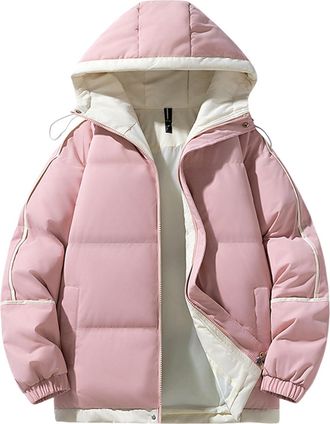 Generic Padded Jacket Men and Women Winter Puffer Jackets with Hood Full Zip Hooded Insulated Jackets Colour Block Quilted Coats Classic Fit Outwear Unisex Ou