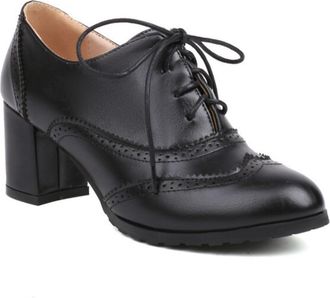 Generic Womens PU Leather Lace Up Brogue Pumps Round Toe Chunky Block Heel Perforated Detail Cushioned Insole Stable Support Non Slip Sole,Black,6.5 UK