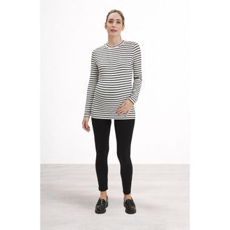 Nom Maternity Liv Long Sleeve Sculpting Maternity Crew Neck Tee in Black And White Stripe at Nordstrom, Size X-Large