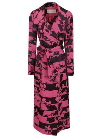 Dries Van Noten Abstract Floral Printed Midi Trench Coat with Belt